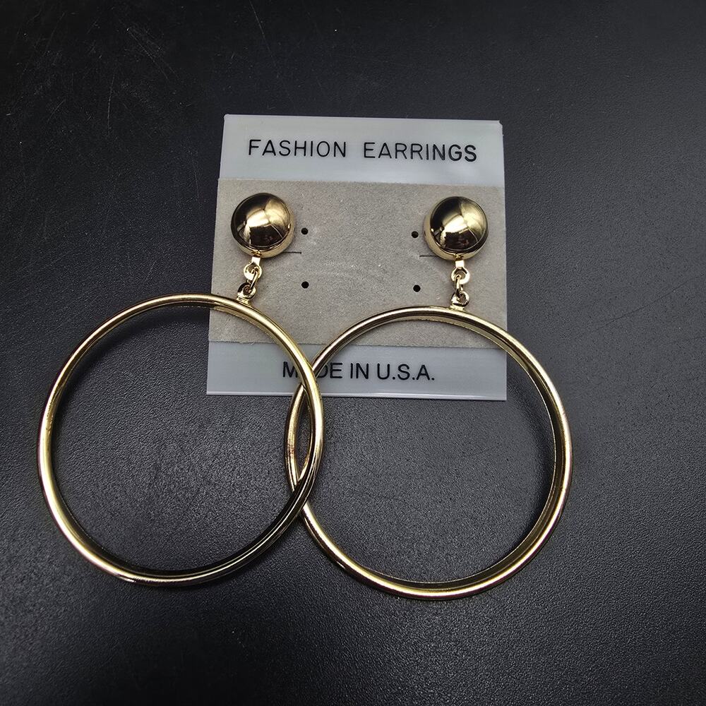 Gold Tone Hoop Earrings Pierced Mod Dangle Drop Vintage Made in USA NOS NWT